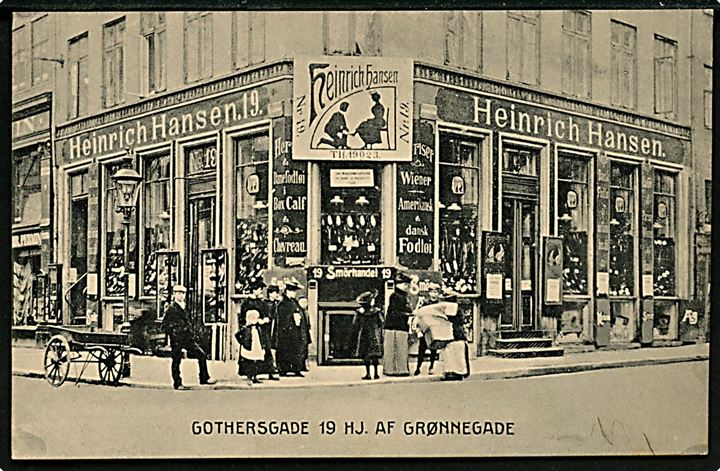 Gothersgade 19 hj. Grønnegade med Heinrich Hansens fodtøj. Lystryk Anst. u/no. Kvalitet 8