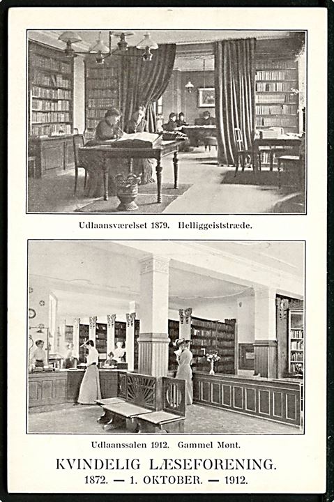 Gammel Mønt 1 “Kvindelig Læseforening 1872-1912” jubilæumskort med interiør fra udlånssalen. U/no. Kvalitet 9