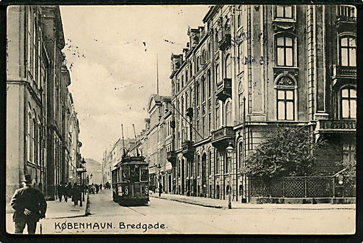 Bredgade med sporvogn linie 9 vogn 518. Stenders no. 20717. Ældre kort brugt i 1920. Kvalitet 7