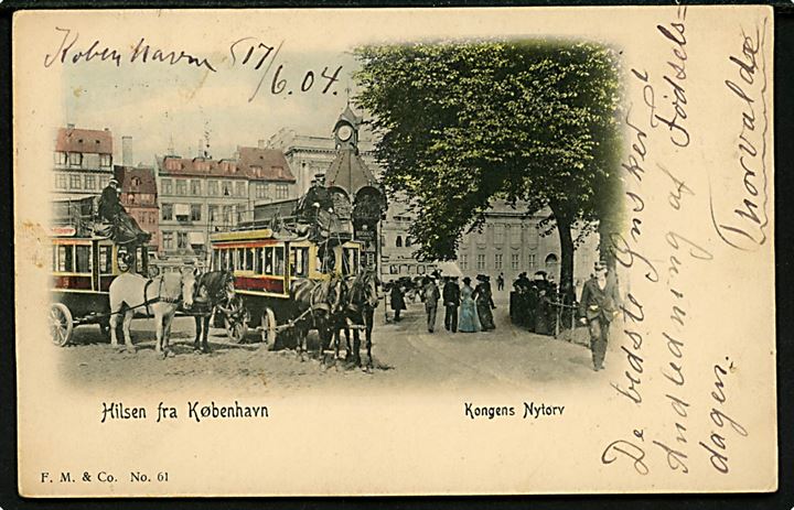 Kongens Nytorv, “Hilsen fra København” med hestetrukken omnibus og aviskiosk. F.M.& Co. no. 61. Kvalitet 8