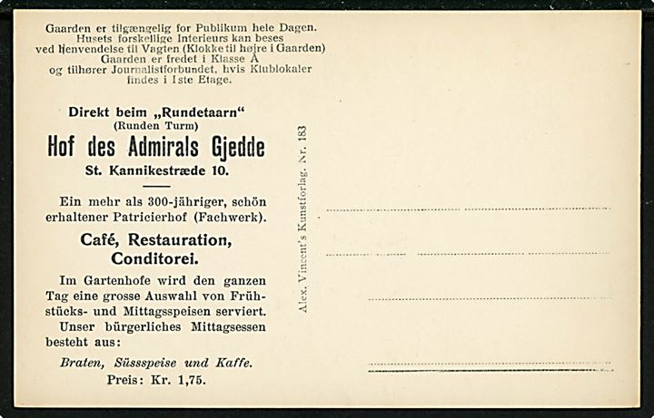 Store Kannikestræde 10 Admiral Gjeddes Gaard. Reklamekort. A. Vincent no. 183. Kvalitet 10
