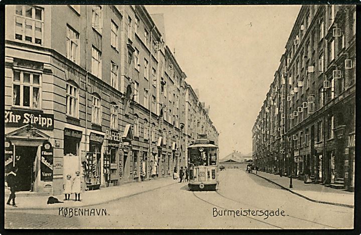Burmeistersgade hj. Brobergsgade med sporvogn linie 5 vogn 62. Stenders no. 15455. Kvalitet 8