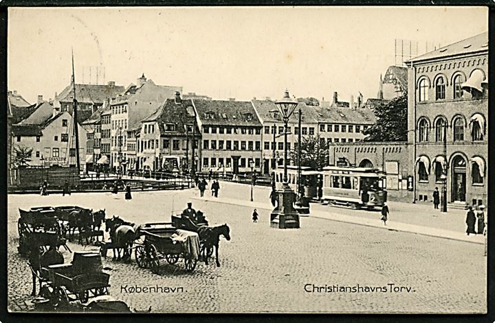Christianshavns Torv med sporvogn linie 2. Stenders no. 3153. Kvalitet 8