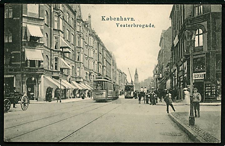 Vesterbrogade 28 Crome & Goldschmidt hj. Stenosgade med sporvogn linie 1 vogn 116. C. R. no. 71. Kvalitet 8