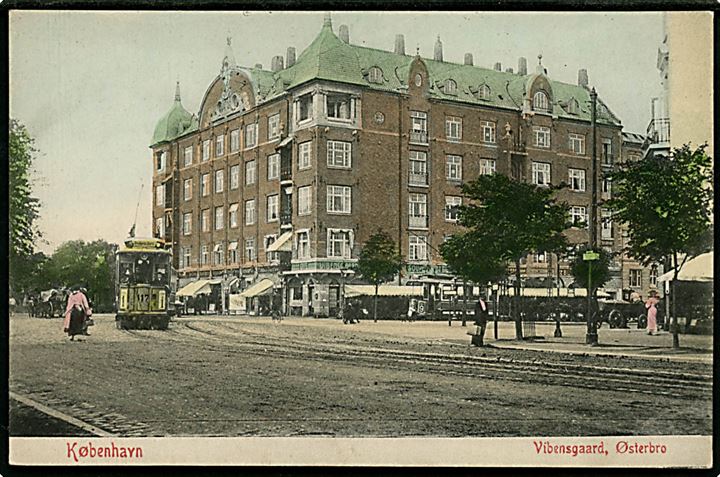 Østerbrogade 158-160 hj. Nyborgsgade 2 “Vibensgaard” med sporvogn linie 1 vogn 117. A. Vincent no. 355. Kvalitet 8