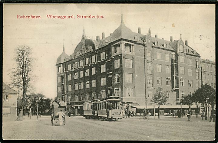 Østerbrogade 158-160 hj. Nyborgsgade 2 “Vibensgaard” med sporvogn linie no. 315. G.M. no. 2585. Kvalitet 7