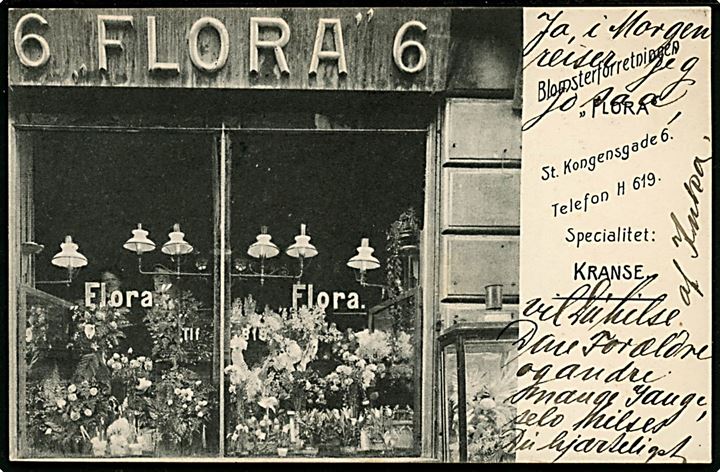 Store Kongensgade 6 Blomsterforretningen “Flora”. Reklamekort u/no. Kvalitet 8