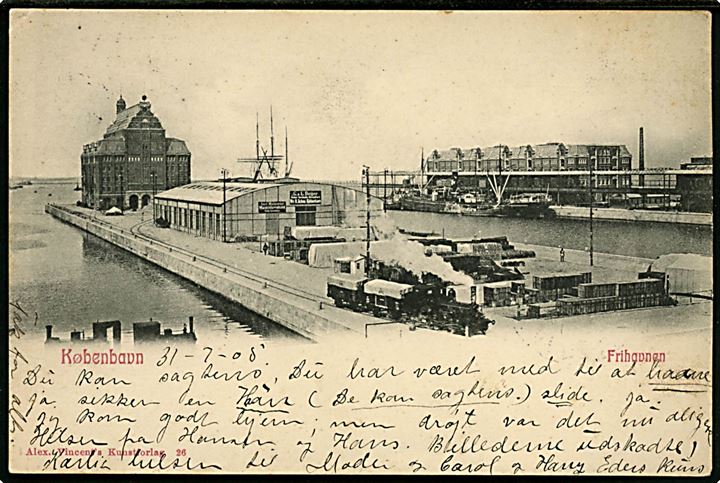 Frihavnen, udsigt med havnespor og damptog. A. Vincent no. 26 Kvalitet 8