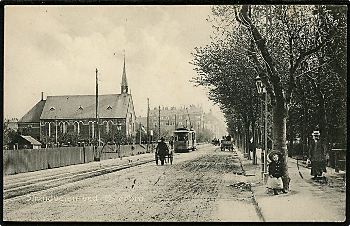 Strandvejen (nuv. Østerbrogade) med Sions Kirke og sporvogn no. 339. Skævt skåret. Kvalitet 7