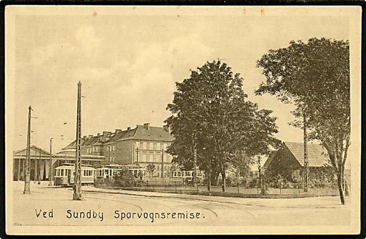 Amagerbrogade ved Sundby Sporvognsremise med sporvogne. Dansk Lystrykkeri no. 1508. Kvalitet 8