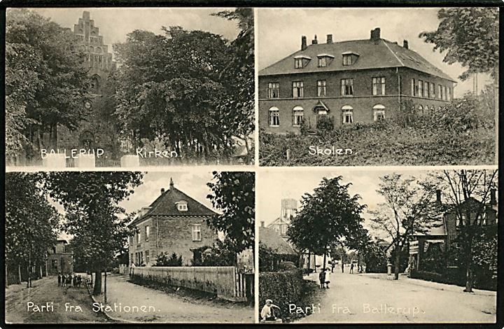 Ballerup, partier med kirke, skole, station og gadeparti. H. Schmidt no. 25906. Kvalitet 8
