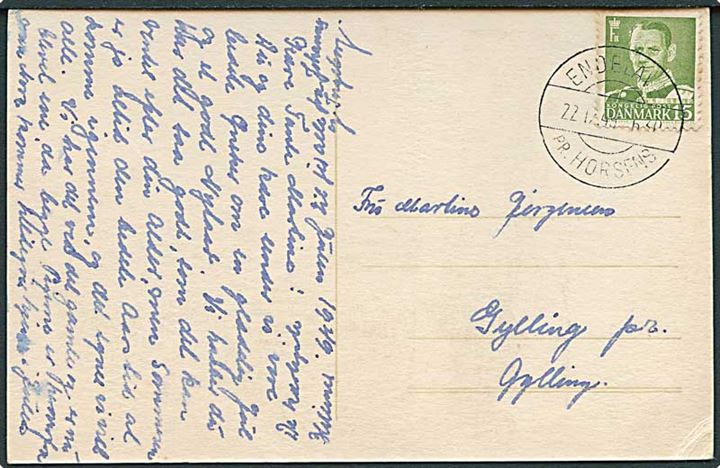 15 øre Fr. IX på brevkort annulleret med pr.-stempel Endelave pr. Horsens d. 22.12.1949 til Gylling.