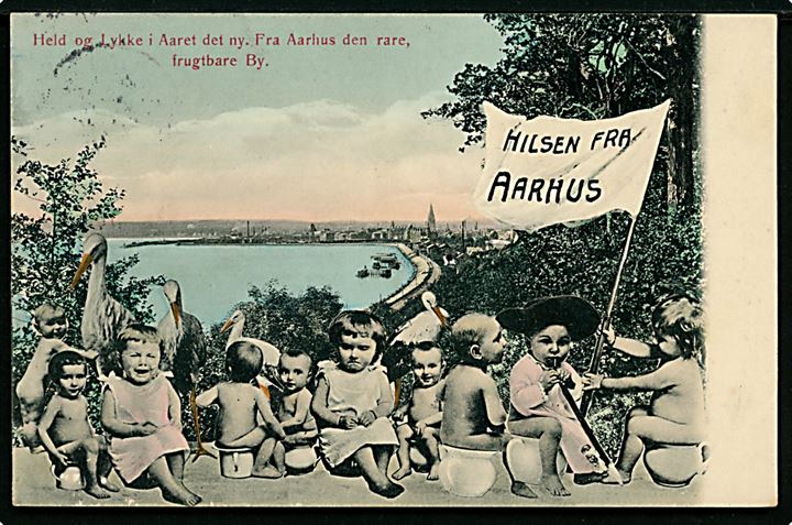 Aarhus, “Hilsen fra” med tekst “Held og Lykke i Aaret det ny. Aarhus den rare, frugtbare By”. Stenders no. 6570.  Kvalitet 7