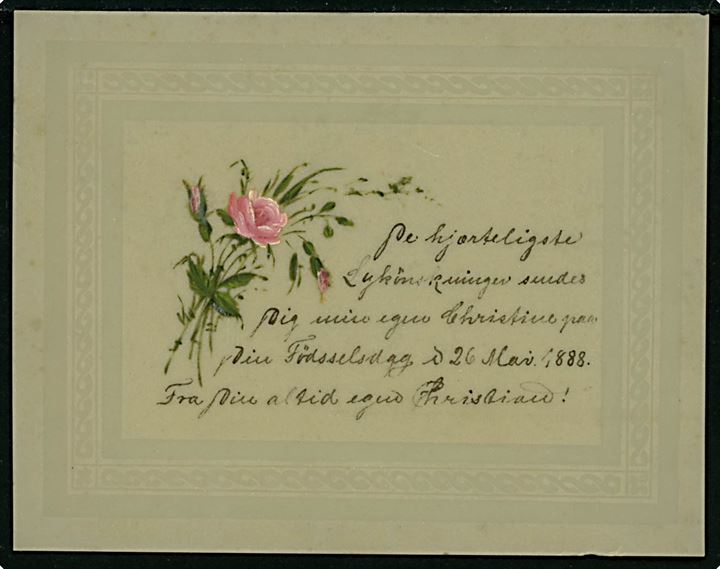 Gennemsigtigt Celluloid kort med blomster og lykønskning dateret i 1888. U/no. Kvalitet 8