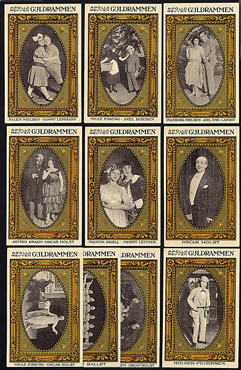 Artister. Apollo Revyen 1922 “Guldrammen”. Serie med 10 kort med scener og skuespillere. U/no. Kvalitet 8