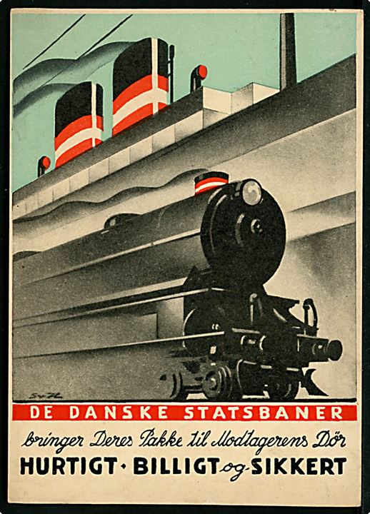 Sven Henriksen: “De danske Statsbaner bringer Pakker til Modtagerens Dør”. Reklamekort D.S.B. Juli 1932. Kvalitet 7