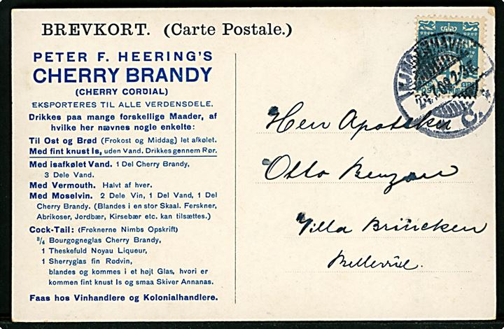 Reklame. Peter F. Heering’s Cherry Brandy. Reklamekort sendt som 4 øre tryksag 1909. U/no. Kvalitet 7