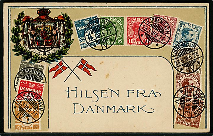 Frimærkehilsen med Bølgelinie og Chr. X udg. “Hilsen fra Danmark”. Reliefkort GHZ & Co. no. 9167. Kvalitet 7