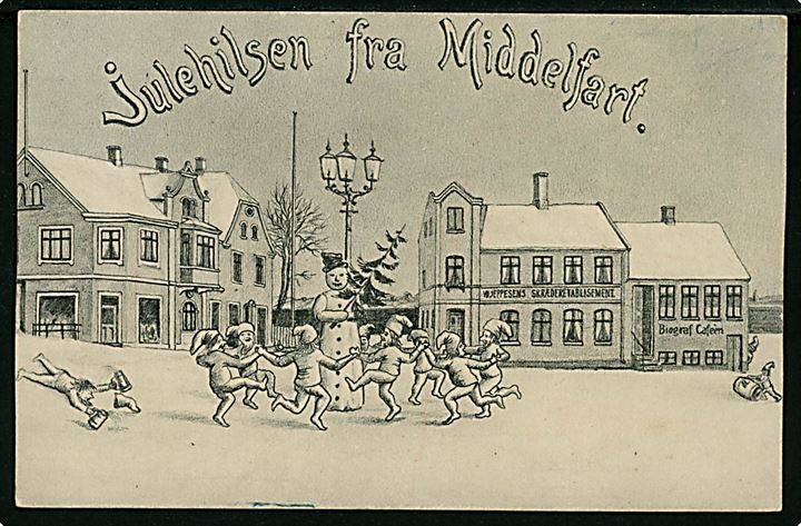 Middelfart, “Nisser i Gadebilledet” danser om snemand på Torvet. Ukendt tegner. J. G. Kreutzer u/no. Kvalitet 8