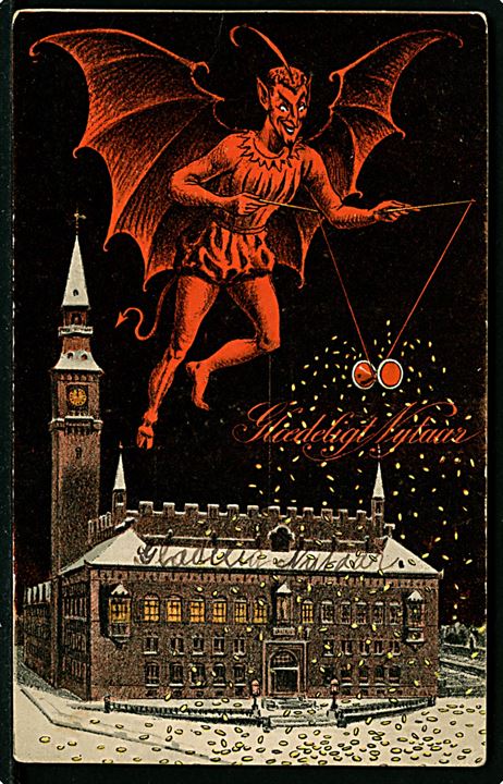 Glædeligt Nytaar. Djævlespil ved Københavns Raadhus. A. Vincent 1907-08. Kvalitet 7
