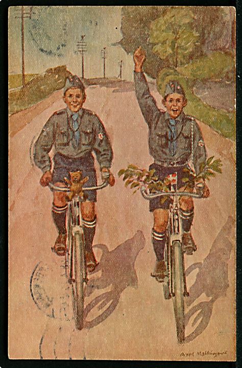 F.D.F. (Frivilligt Drenge Forbund) på cykel. Tegnet af Axel Mathiesen. Danske Drenges Forlag u/no. Kvalitet 7
