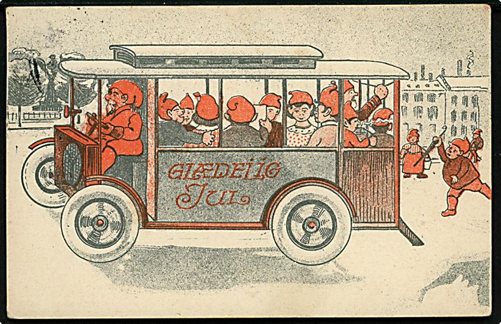 Nisser i omnibus. Glædelig Jul. No. 46. Dansk kort brugt i Sønderborg 1913. Kvalitet 7