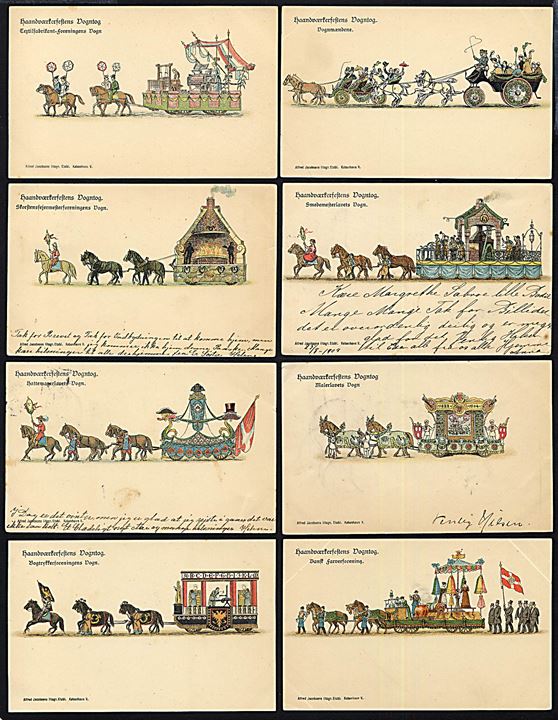 Ukendt kunstner: Haandværkerfestens Vogntog. Tivoli Juli 1904. 8 brugte/ubrugte kort . A. Jacobsen u/no.  Kvalitet Mix