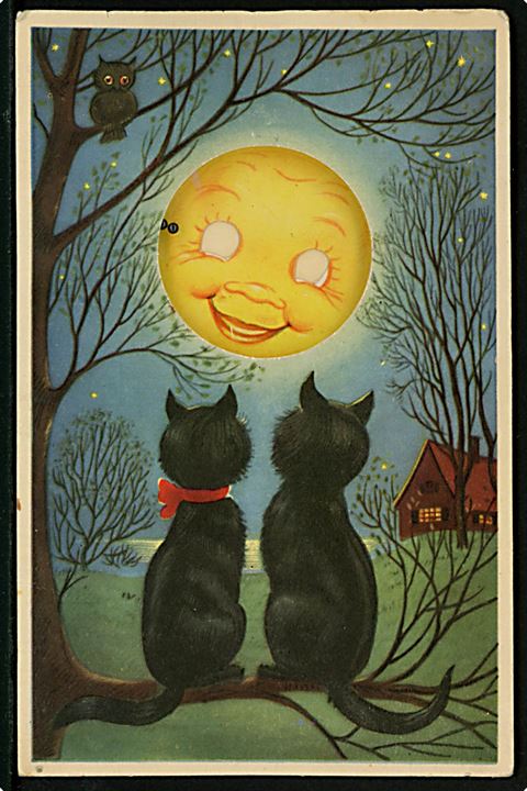 Øjne. Mekanisk kort med katte som ser på månen. Kortforlaget, Oslo serie 501/6. Kvalitet 7