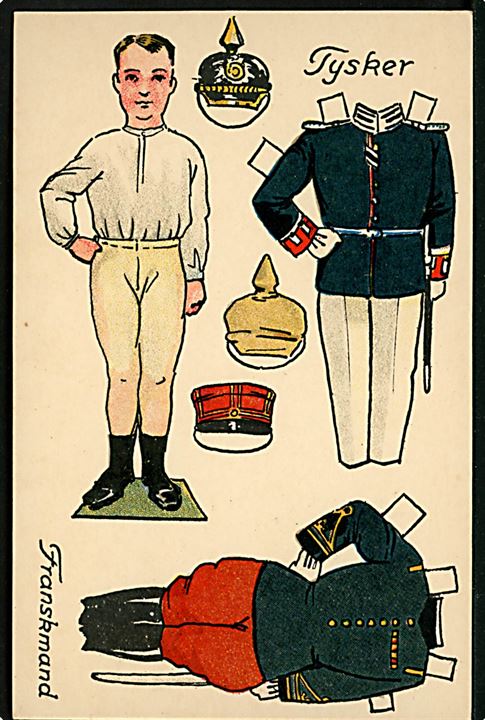 Osvald Jensen: Påklædningsdukke, dreng med tysk og fransk uniform. A. Vincent serie 398/3. Kvalitet 8