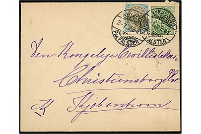 3 øre Tofarvet og 5 øre Våben på brev fra Nykjøbing paa Falster d. 2.7.1902 til København.
