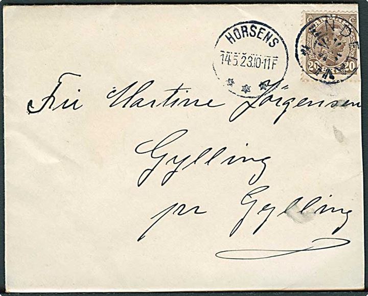 20 øre Chr. X (beklippet) på brev annulleret med stjernestempel ENDELAVE og sidestemplet Horsens d. 14.5.1923 til Gylling.