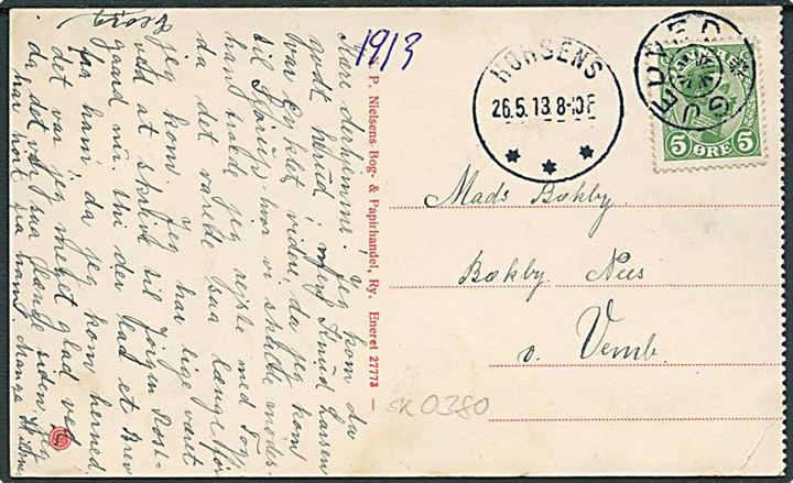 5 øre Chr. X på brevkort annulleret med stjernestempel GJEDVED og sidestemplet Horsens d. 26.5.1918 til Vemb.