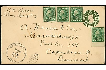 1 cent helsagskuvert opfrankeret med 1 cent Washington (4) fra Cainesville d. 1.11.1920 til København, Danmark.