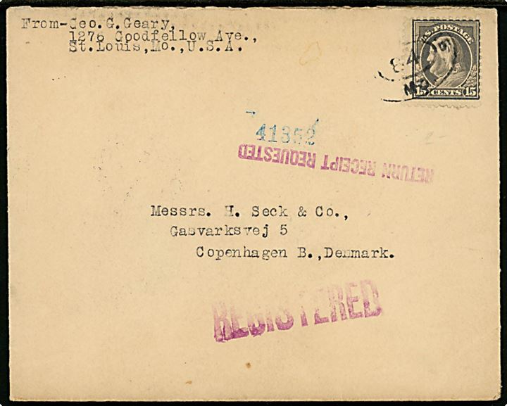 15 cents Franklin single på anbefalet brev med modtagelsesbevis fra Saint Louis d. 16.11.1920 via New York til København, Danmark.