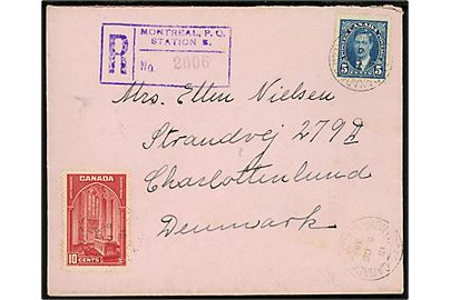5 cents George VI og 10 c. Landskab på anbefalet brev fra Montreal d. 6.12.1938 til Charlottenlund, Danmark.