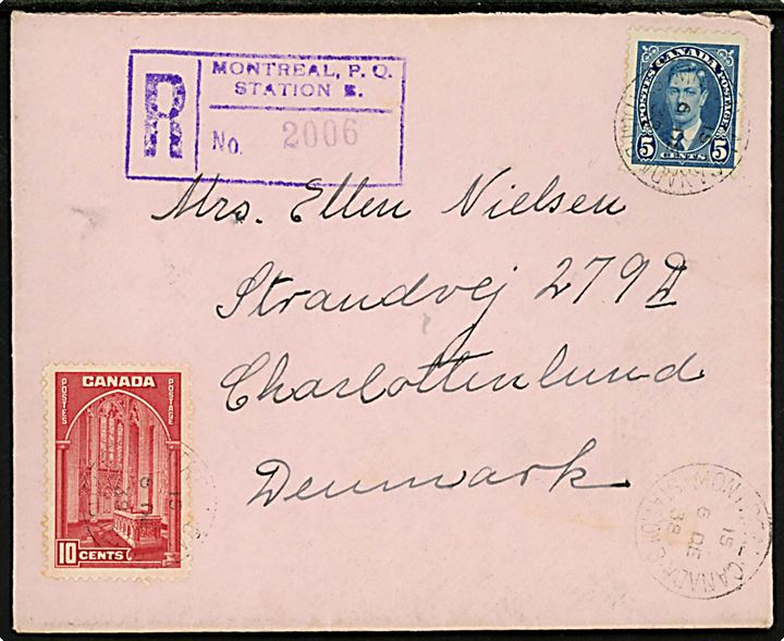 5 cents George VI og 10 c. Landskab på anbefalet brev fra Montreal d. 6.12.1938 til Charlottenlund, Danmark.