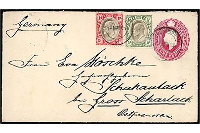 1d Edward VII helsagskuvert opfrankeret med ½d og 1d Edward VII fra Johannesburg d. 1.5.1904 via Pretoria til Grossscharlack, Tyskland.