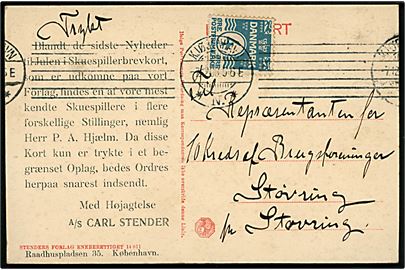 A/S Carl Stenders. Reklamekort sendt som tryksag med skuespiller P. A. Hjælm. Stenders no. 14011. Frankeret med 4 øre Bølgelinie stemplet Kjøbenhavn d. 7.12.1908 til Støvring.