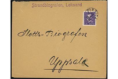 15 öre Gustaf på brev fra Leksand annulleret med bureaustempel PLK 348A (= Rättvik-Krylbo) d. 10.6.1923 til Uppsala.