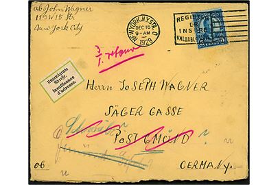 5 cents Roosevelt på brev fra New York d. 16.12.1929 til Gmund, Tyskland. Retur med 2-sproget etiket Ungenügende Adresse og på bagsiden stempel: Unbekannt in Gmünd (Schwäb.).