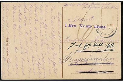 Ufrankeret feltpostkort fra Frydenlund med svagt stempel Fünenshaff d. 29.6.1917 til sønderjysk soldat i Neumünster. Stemplet 1 Ers. Komp. nicht. 