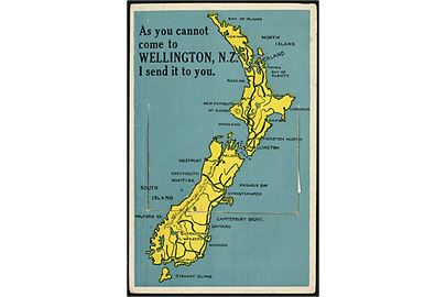 New Zealand, landkort med prospektlomme. Frankeret med 1d George V (3) fra Wellington 1928 til Danmark.