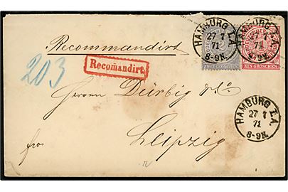 1 gr. helsagskuvert opfrankeret med 2 gr. og sendt anbefalet fra Hamburg d. 27.7.1871 til Leipzig.