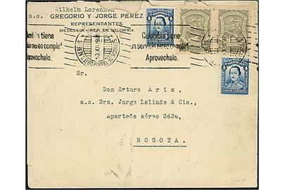 Colombia 4 c. (2) og Scadta 20 c. (par) luftpost udg. på indenrigs luftpostbrev fra Medellin d. 10.12.1928 til Bogota.