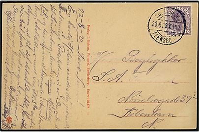 15 øre Chr. X på brevkort fra Dybbøl annulleret med bureaustempel Sønderborg - Flensborg sn3 T.1404 d. 23.8.1920 til København. Sjældent stempel kun benyttet i ca. 3 måneder.