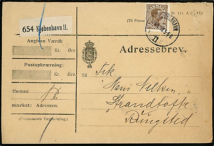 25 øre Chr. X på adressebrev fra Kjøbenhavn 11 d. 29.5.1918 til Rungsted.