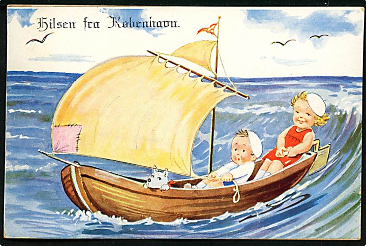 “Hilsen fra København”, børn i sejlbåd med fotolomme og prospekter. U/no. Kvalitet 8