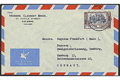 1 rupi brun/blå på brev fra Colombo d. 15.2.1952 til Hamburg.