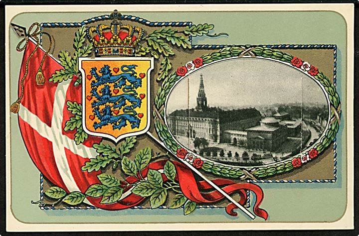 Christiansborg, Dannebrog, Rigsvåben og lomme med prospekt. H.C.O. u/no. Kvalitet 9