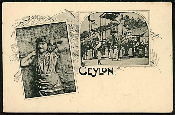 Ceylon, lokal kvinde og religiøst optog med elefanter, U/no. Kvalitet 7